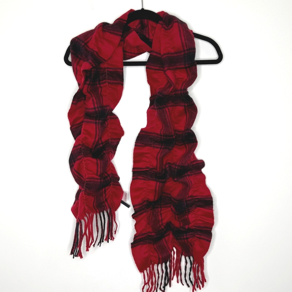 Talbots Plaid Cashmere Scarf Red/Black Scrunchy/Ruched
